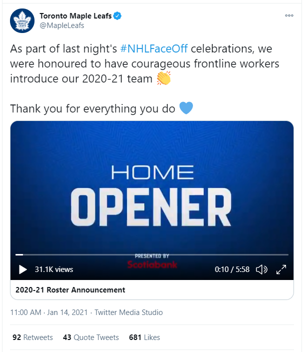 Screenshot of Toronto Maple Leafs tweeting to celebrate dairy farmers announcing players