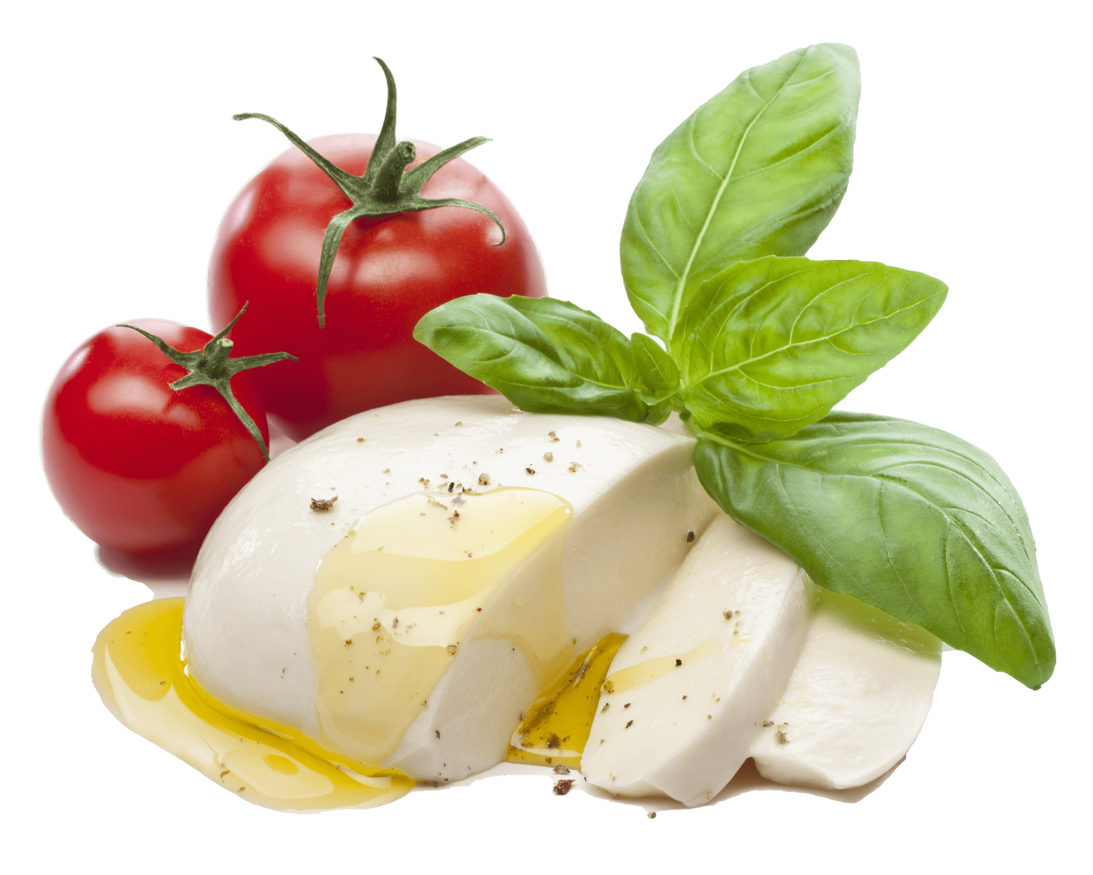 Fresh mozzarella cheese with olive oil, pepper, tomatoes and basil leaves