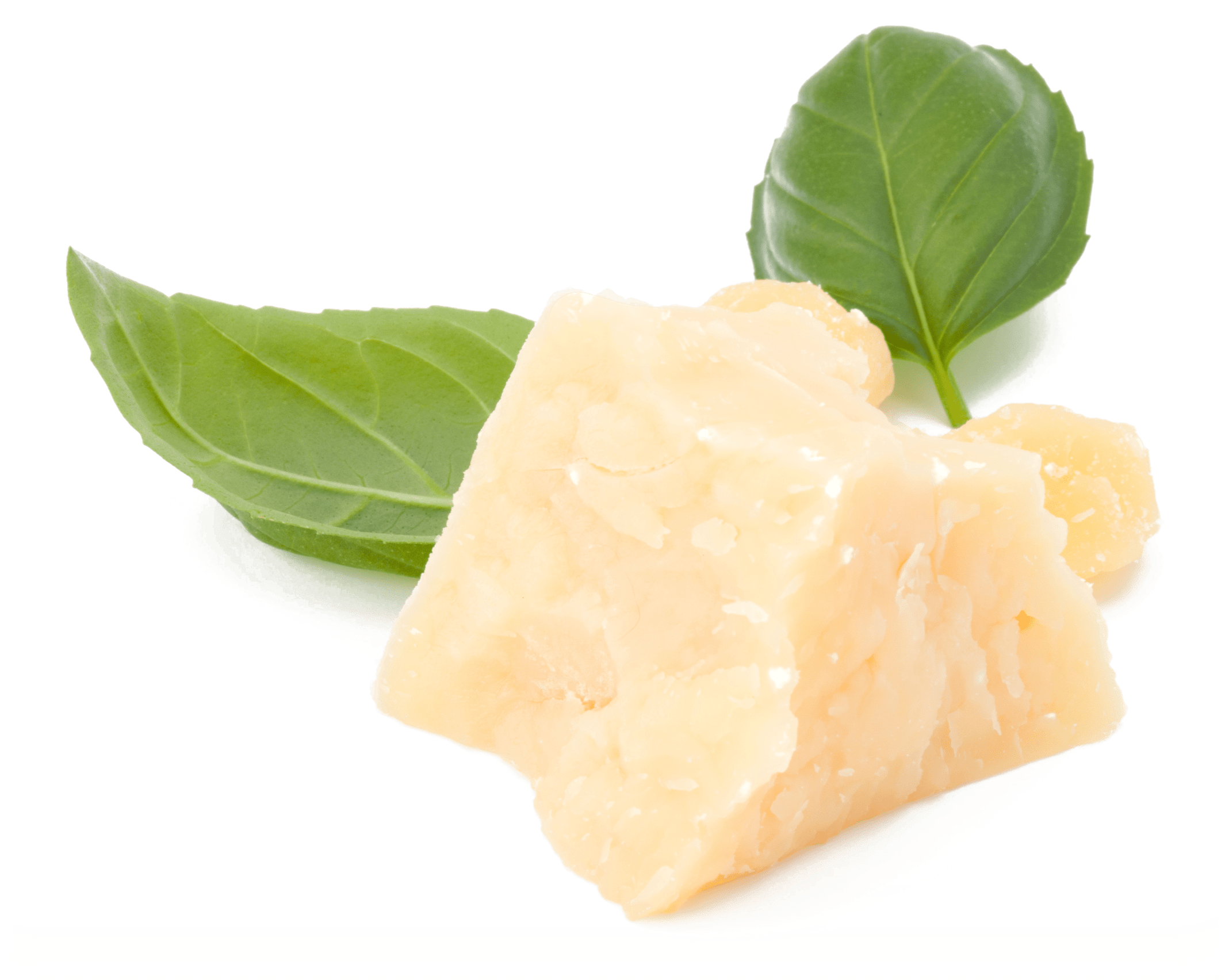 Block of parmesan cheese with basil leaves