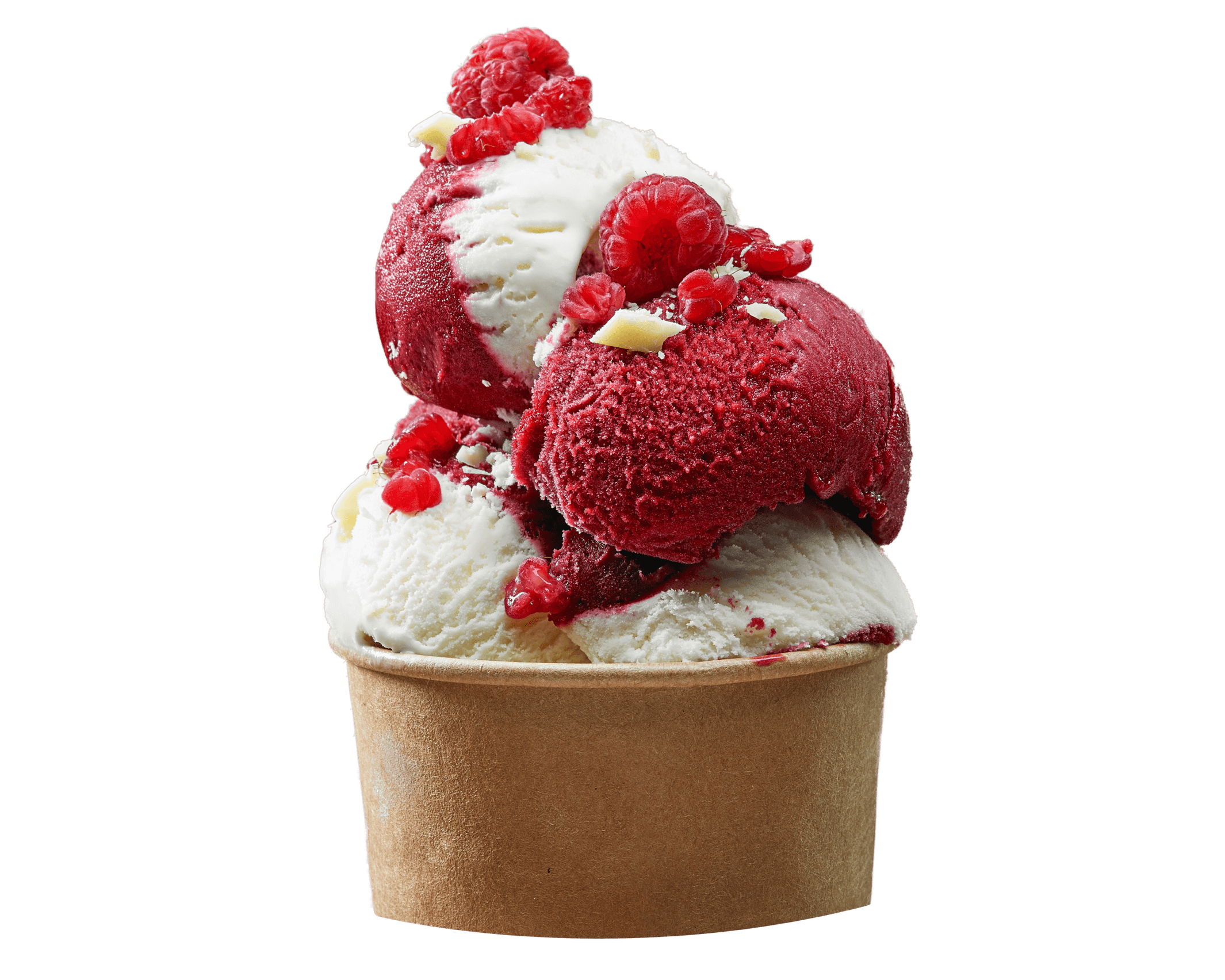 Scoops of flavoured frozen dessert in a cup with raspberries 