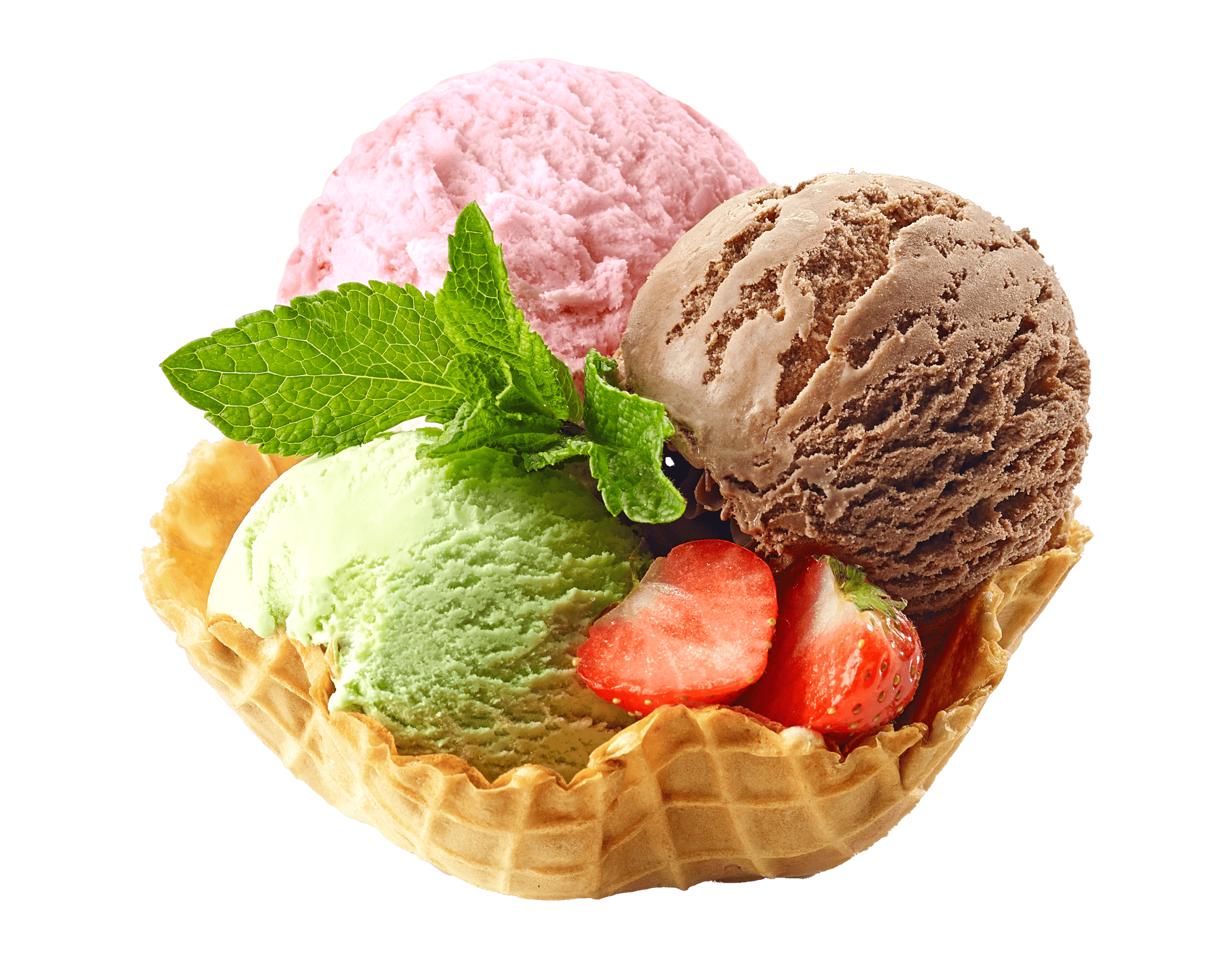 Flavoured hard ice cream scoops in a waffle cone bowl with sliced strawberries