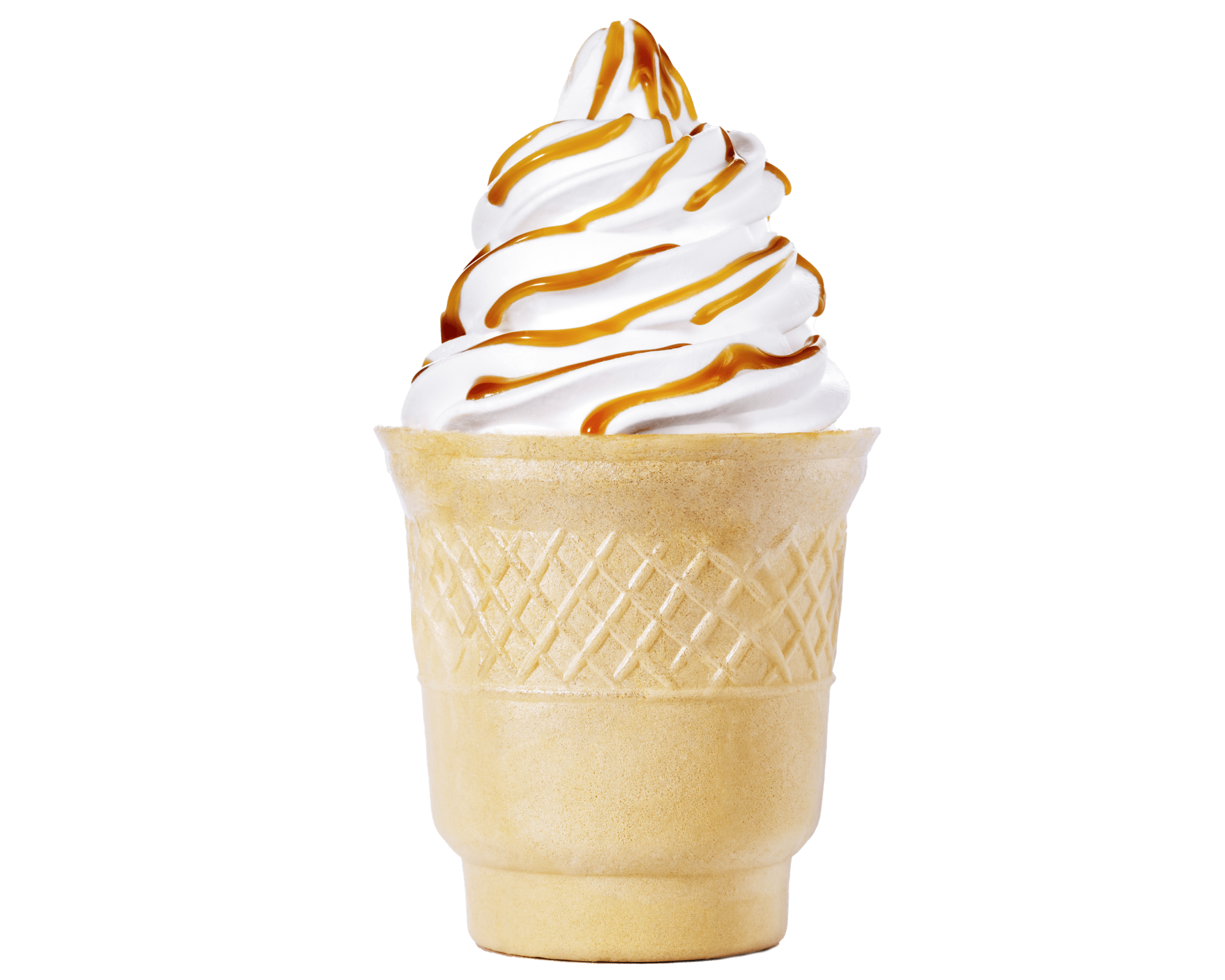 Soft serve Vanilla ice cream on a cone with caramel sauce drizzle